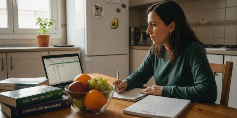 Una mujer revisa y planifica asesorías de nutrición científica mientras trabaja en la mesa de su cocina.