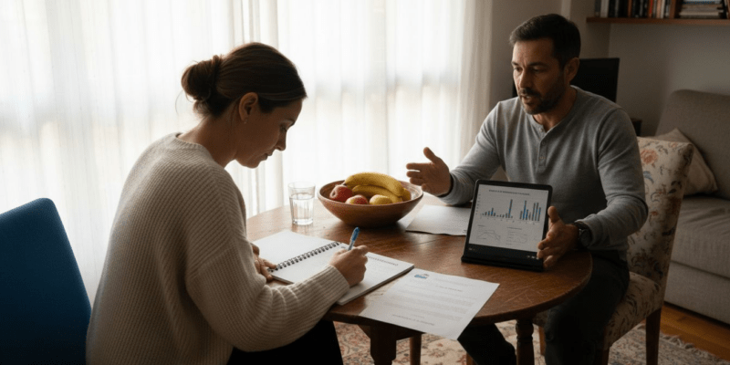 Entrenador especializado en pérdida de peso trabajando con su cliente en un ambiente cómodo y familiar en casa.