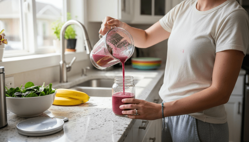 Making healthy fruit smoothie in home kitchen