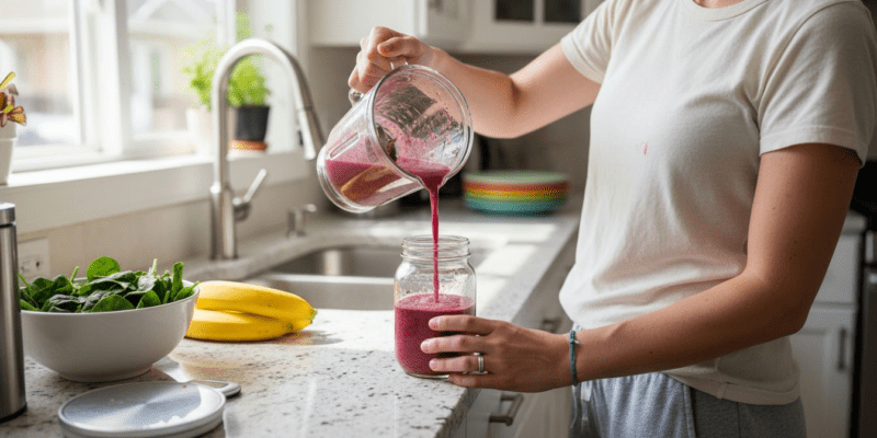 Making healthy fruit smoothie in home kitchen