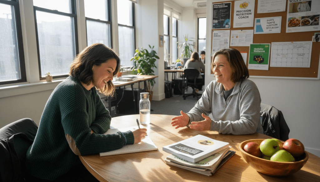 Nutrition coach and client in corner office