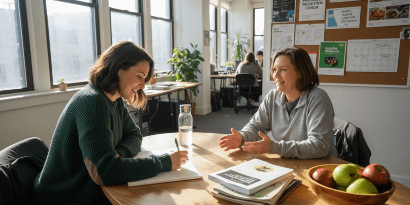 Nutrition coach and client in corner office