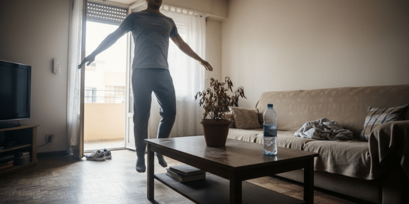 Un hombre haciendo ejercicio en su sala de estar sencilla, practicando jumping jacks para mantenerse en forma.