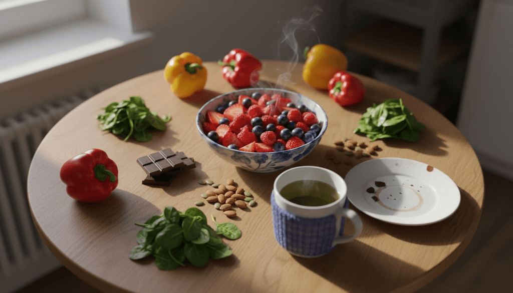 Table with berries leafy greens chocolate tea and nuts