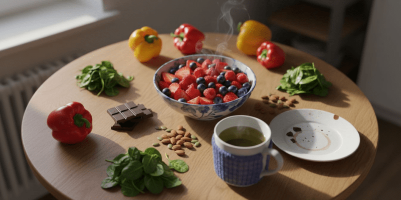 Table with berries leafy greens chocolate tea and nuts