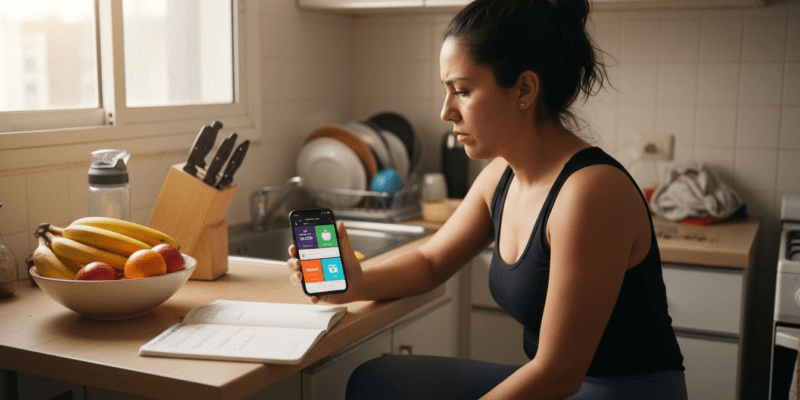Una mujer revisa aplicaciones de alimentación saludable mientras prepara la comida en su cocina, incorporando la tecnología a su rutina diaria.