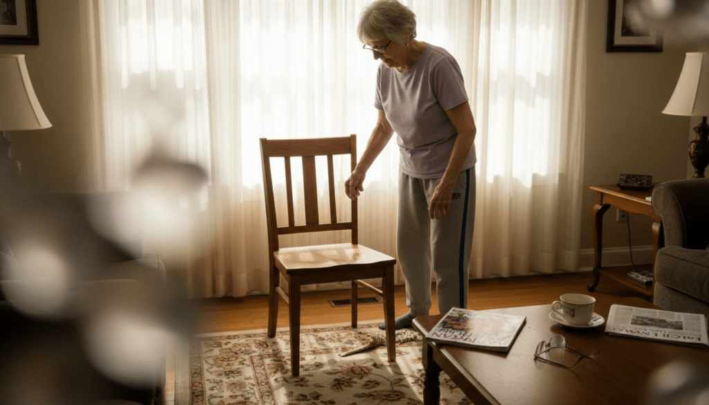Senior woman setting up chair space safely
