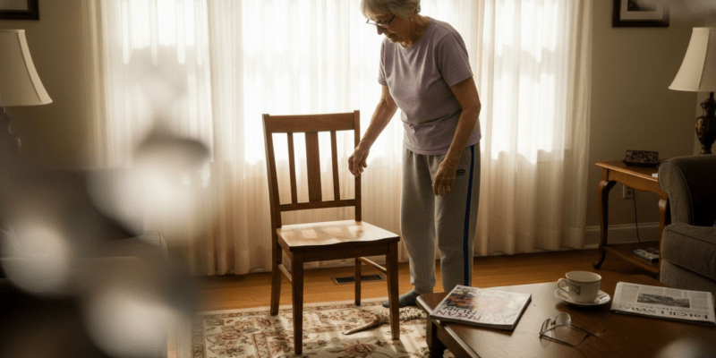 Senior woman setting up chair space safely