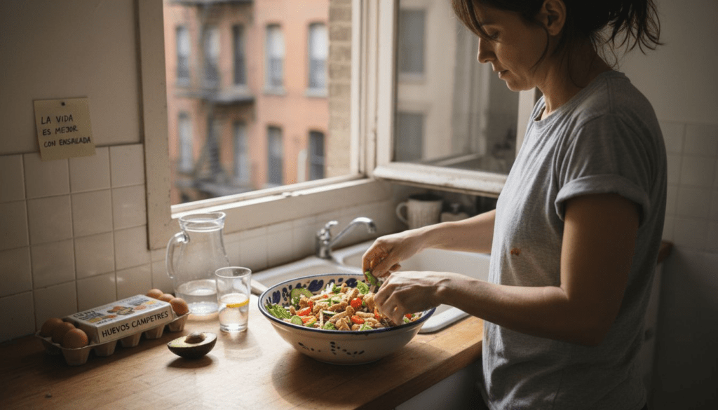 Una mujer prepara una ensalada llena de proteínas en la cocina de su casa.