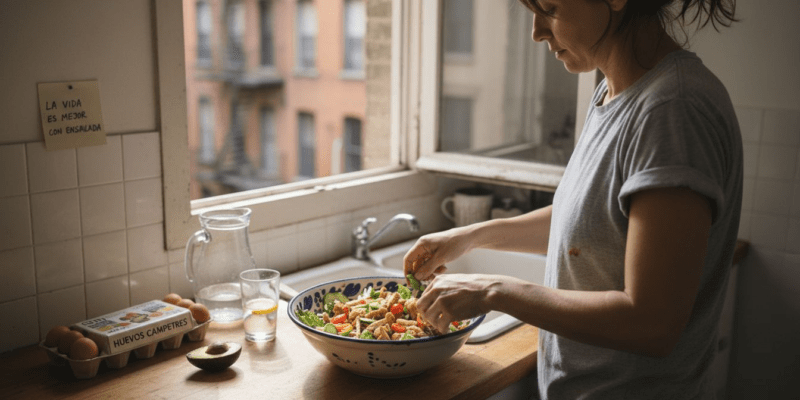Una mujer prepara una ensalada llena de proteínas en la cocina de su casa.