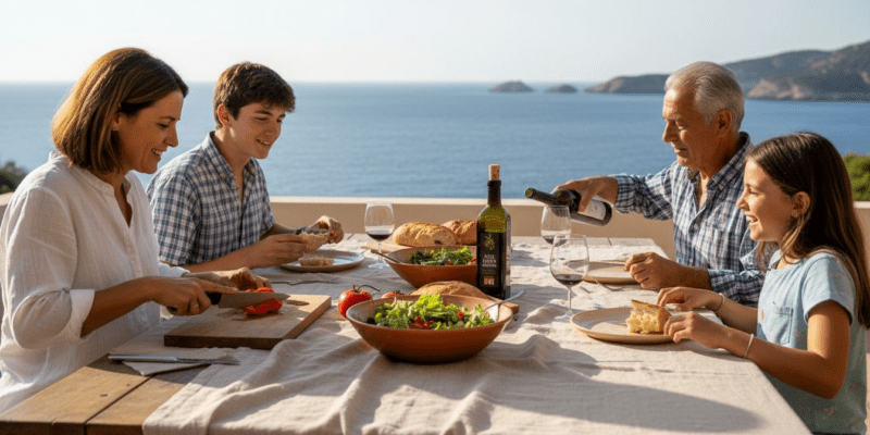 Una familia disfruta junta de un almuerzo típico mediterráneo.