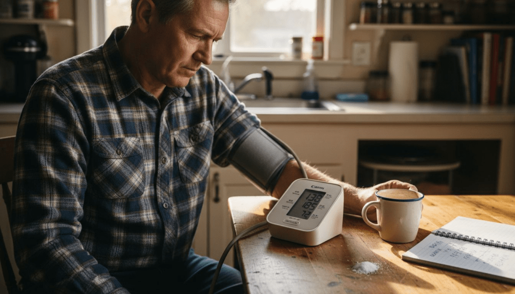 Man checks blood pressure in home kitchen