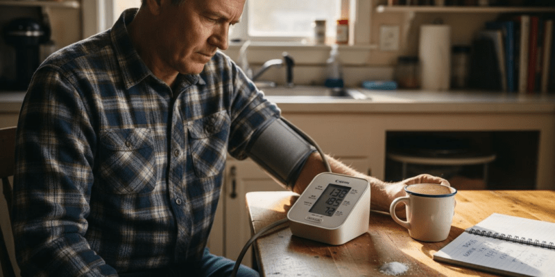 Man checks blood pressure in home kitchen