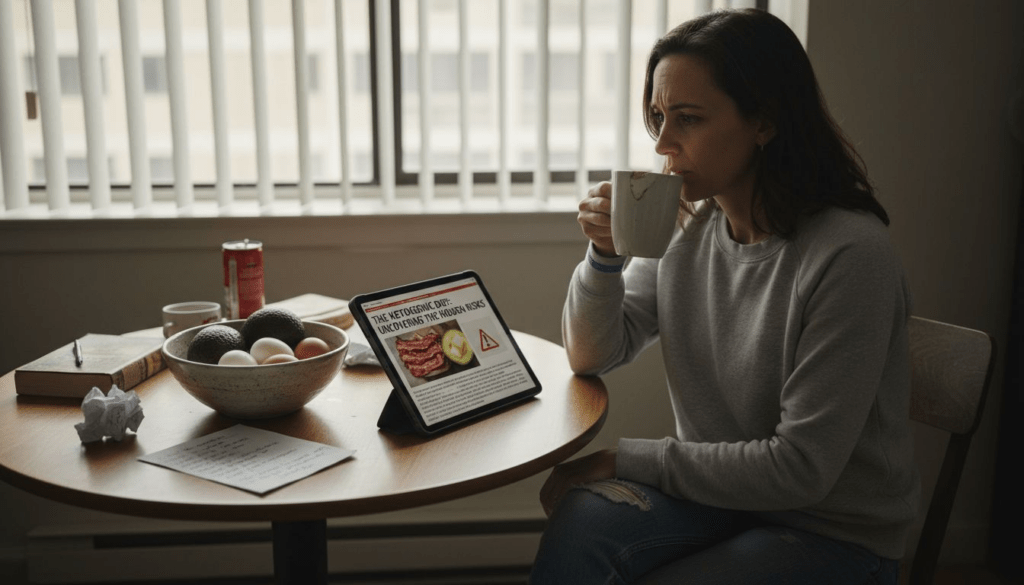 Woman reading about keto diet dangers at kitchen table