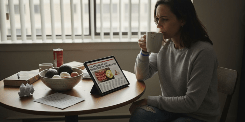 Woman reading about keto diet dangers at kitchen table