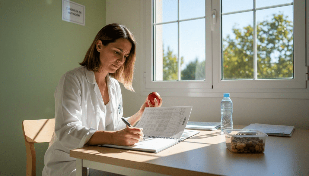 Un nutricionista analiza una tabla con información sobre grasas saludables.