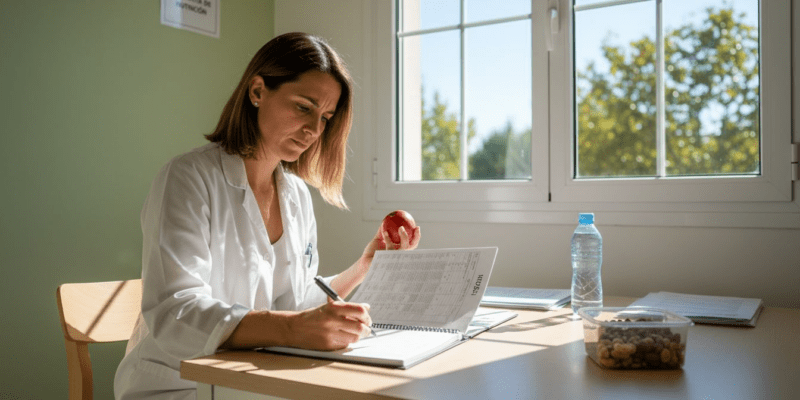 Un nutricionista analiza una tabla con información sobre grasas saludables.