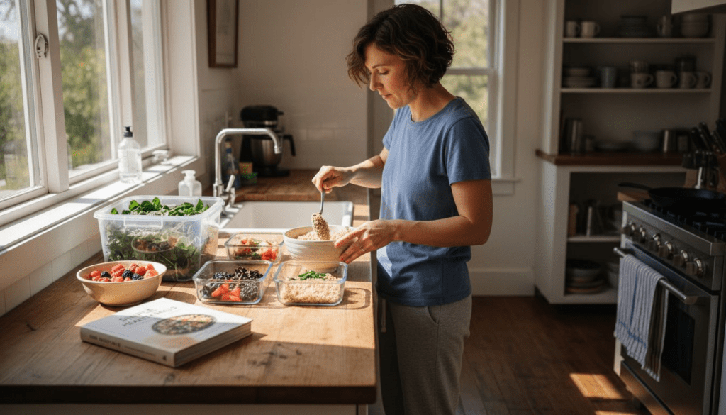 Woman prepping healthy grains in kitchen