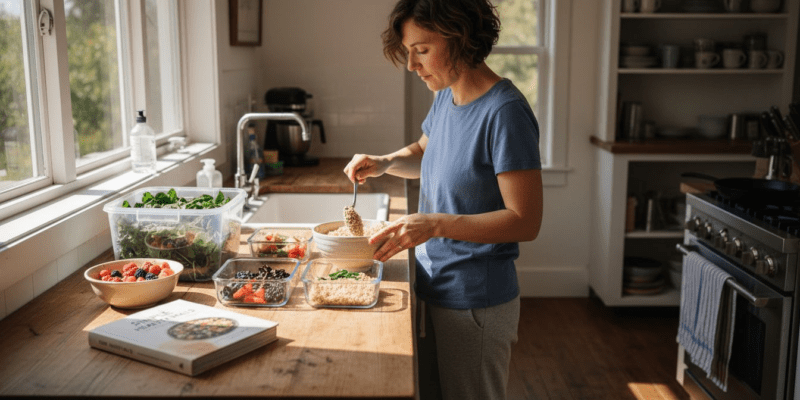 Woman prepping healthy grains in kitchen