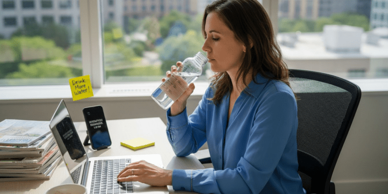 Woman tracking water intake at office desk