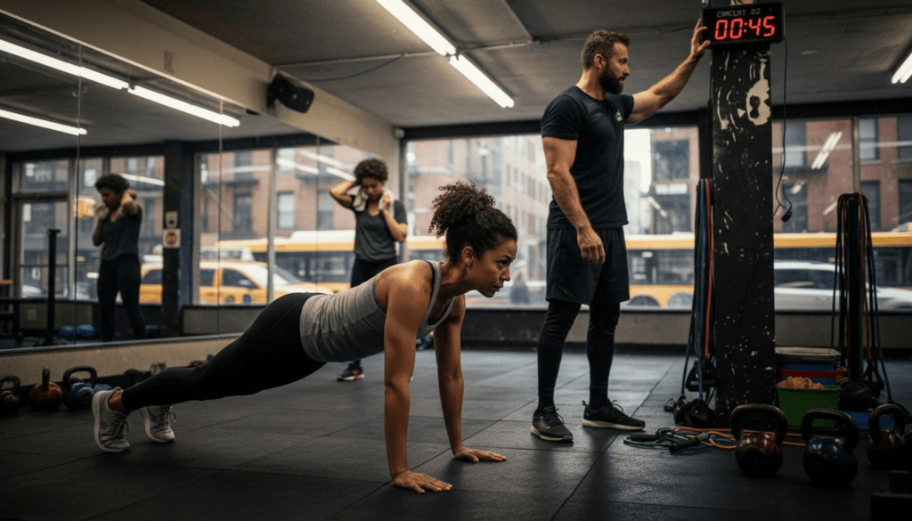 Group performing HIIT circuit in urban gym