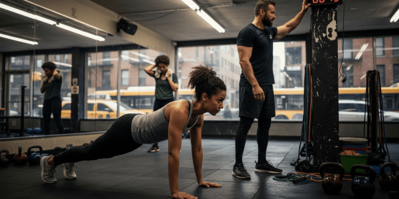 Group performing HIIT circuit in urban gym
