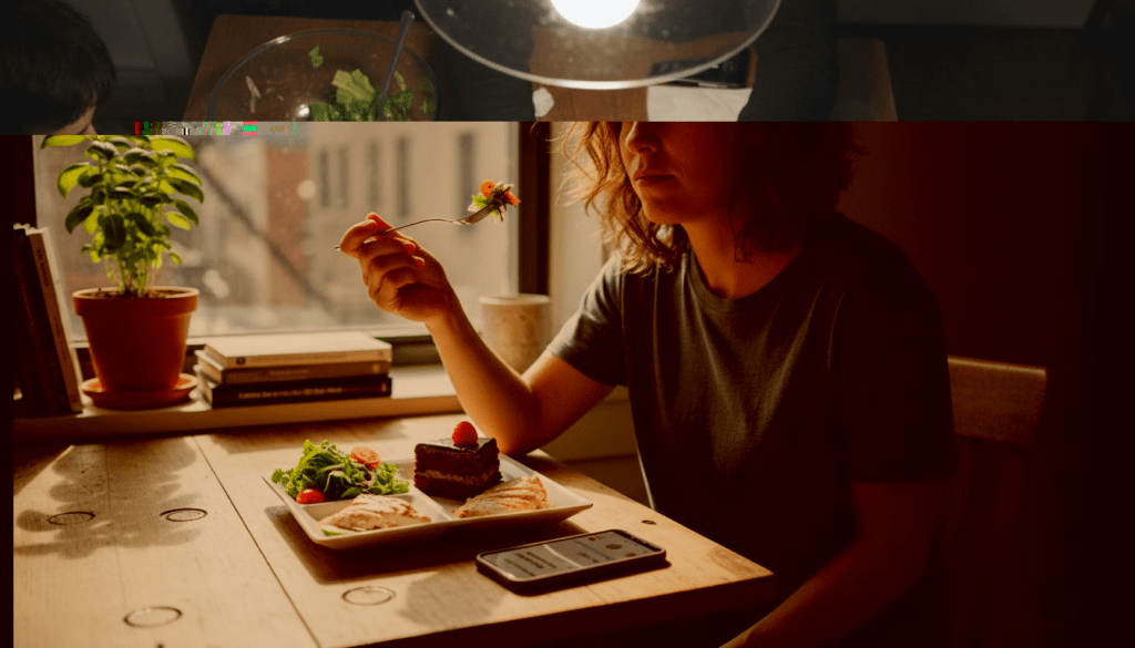Woman choosing cheat meal alongside healthy food
